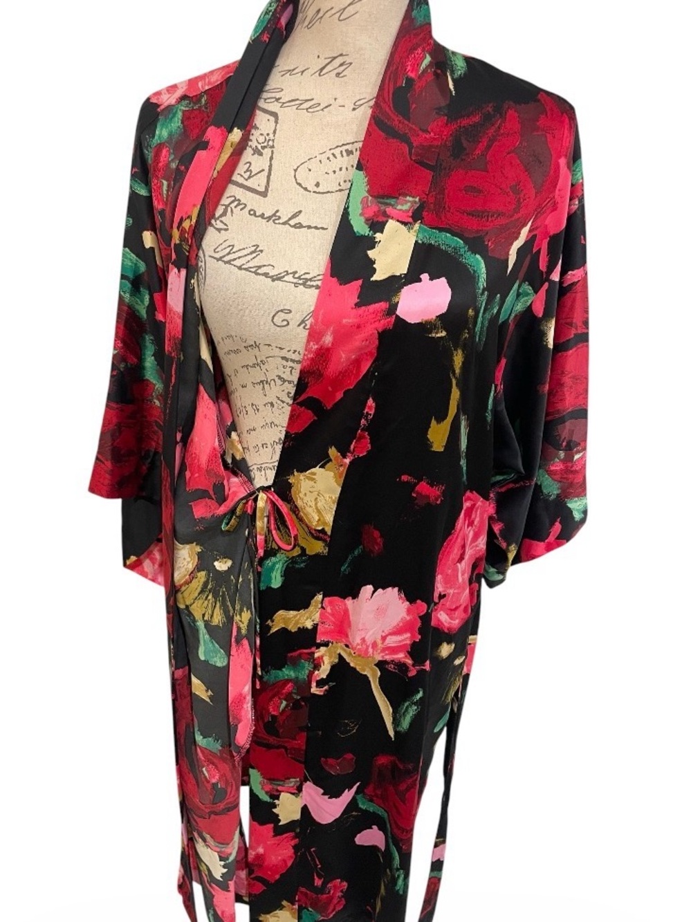 Natori Floral Satin Kimono Robe Black Pink Red Belted Lounge Cover Up Size Small - Picture 9 of 14